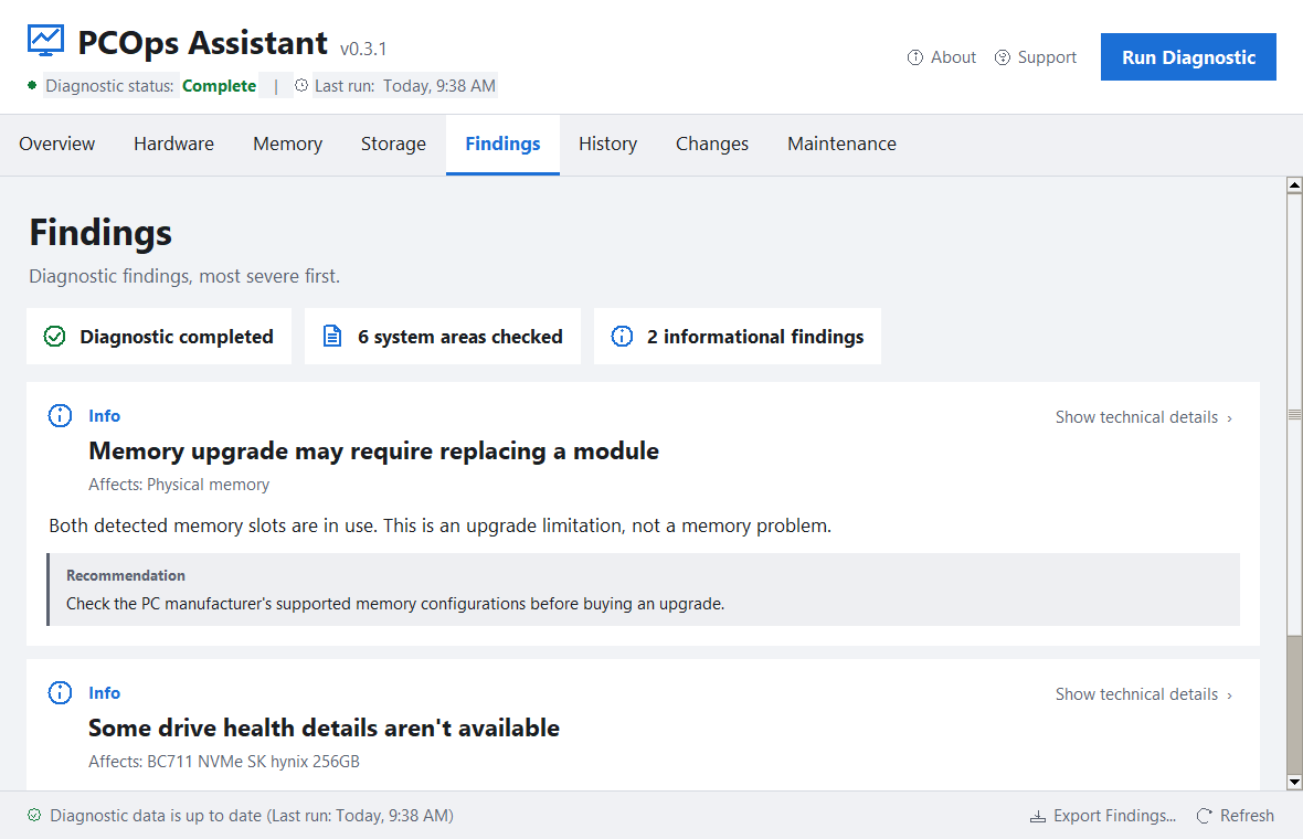 PCOps Assistant Findings screen showing prioritized diagnostic findings